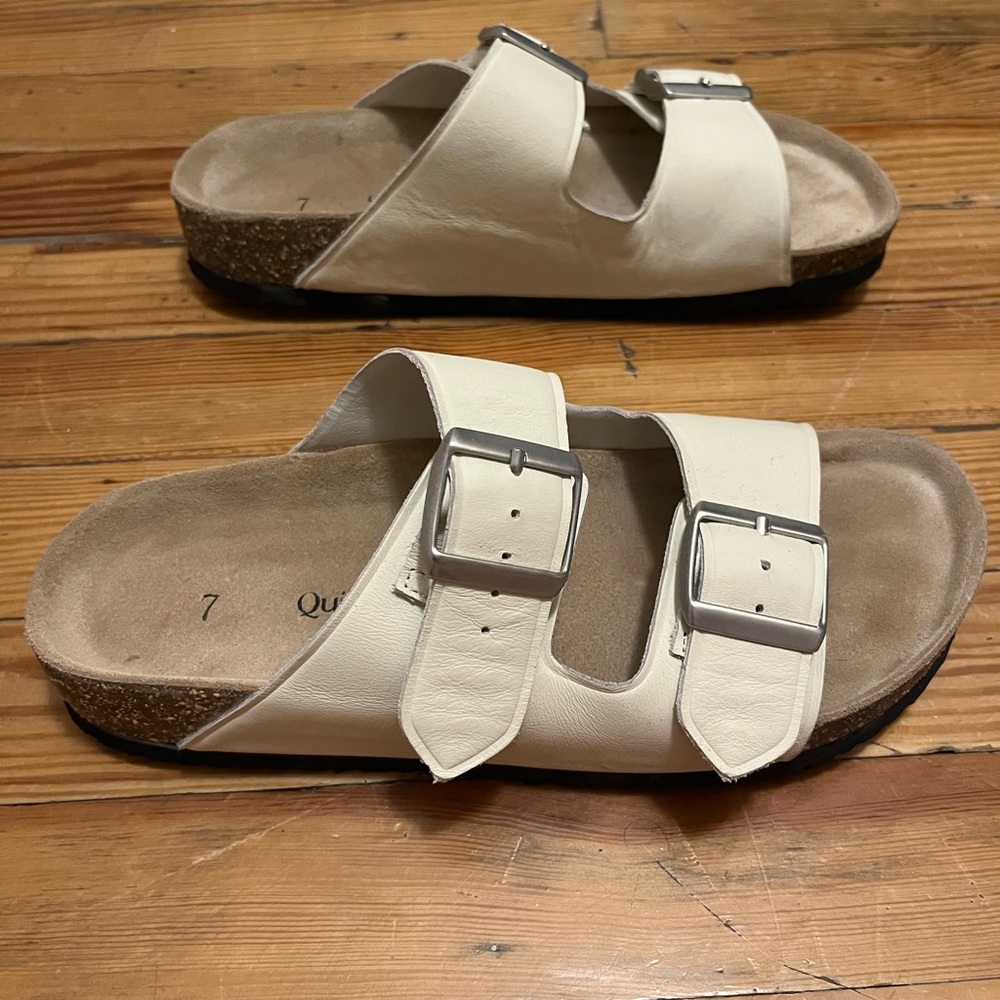 Quince Bone White Nappa Leather Double Buckle Slide 7 Sandal Birkenstock worn 2X